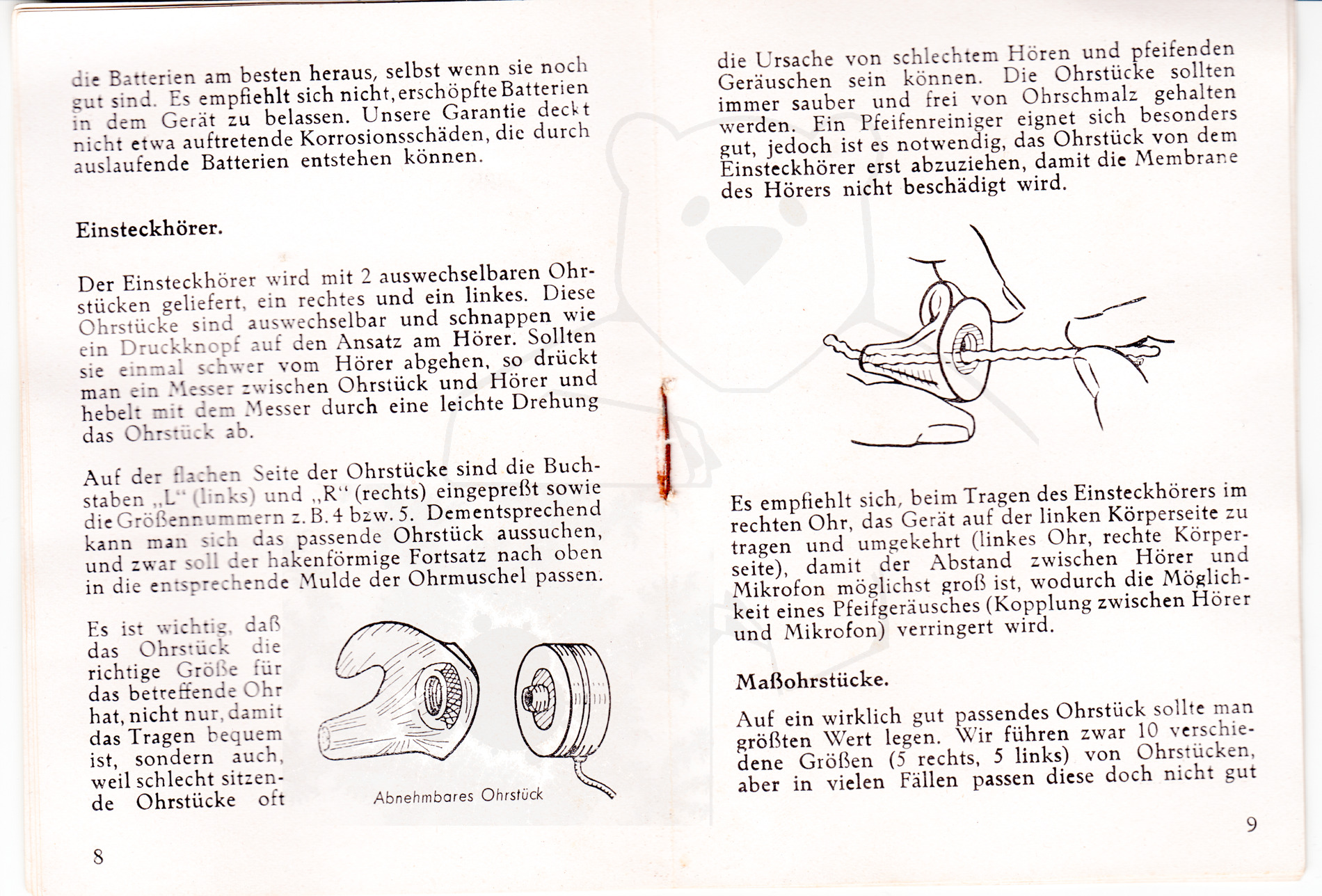 Hörgerät "Fortiphone Type 20", ca. 1949, Anleitung Seite 8 - 9